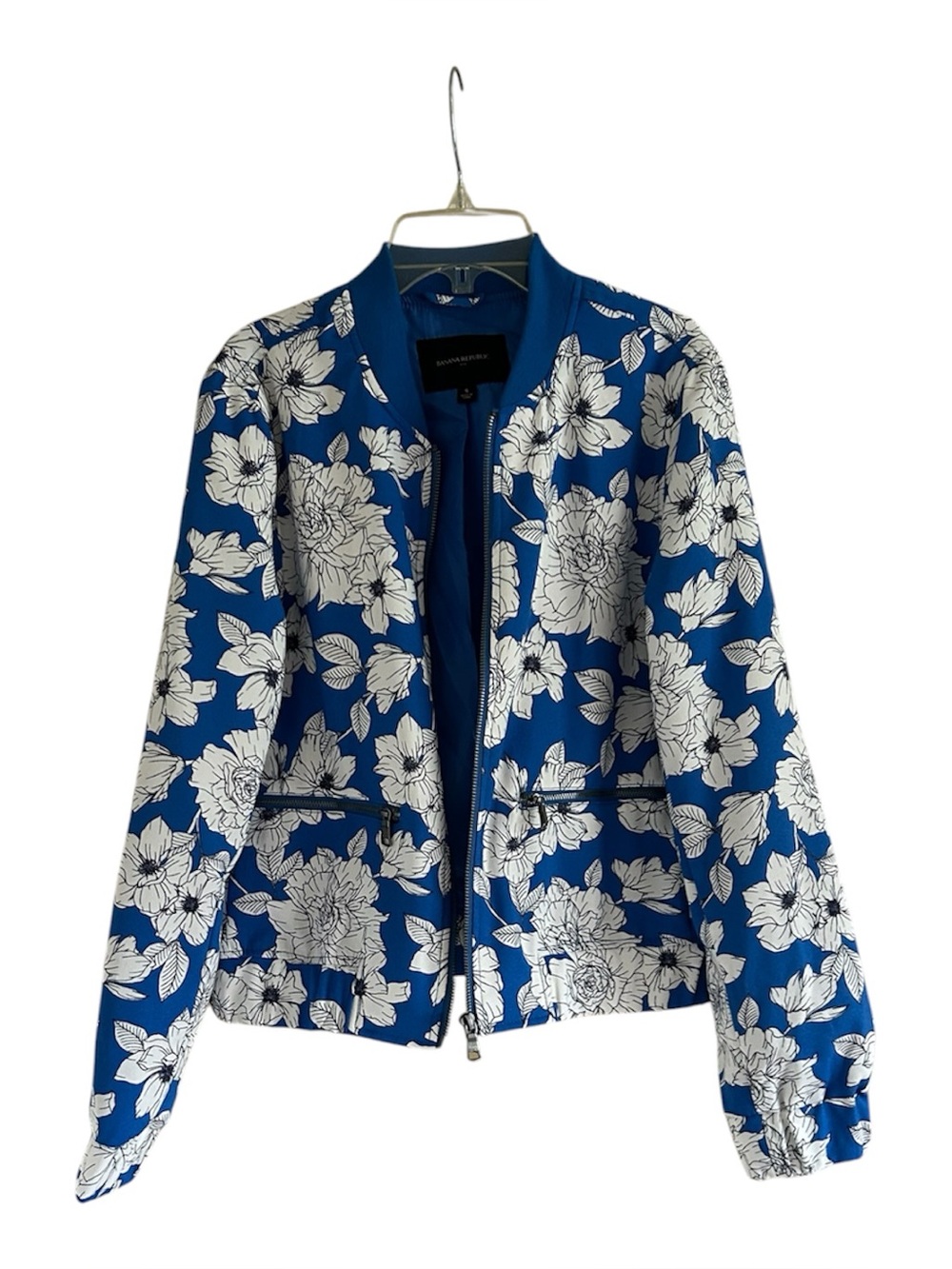 Banana Republic Floral Zip Up Small Blue and White Long Sleeve Bomber Jacket